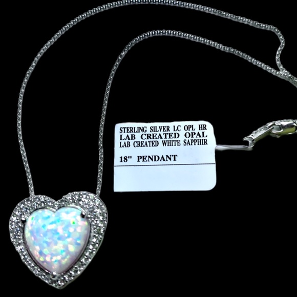 Sterling Silver Heart Shaped Lab Created Opal and Sapphire Necklace - Picture 3 of 7